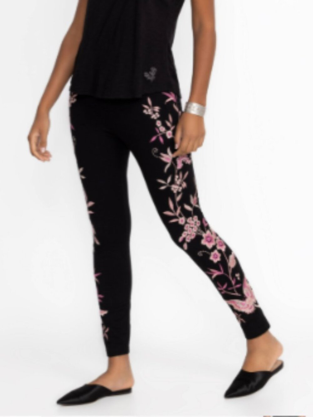 Johnny Was Rosalyn Floral Embroidered Leggings Black & Pink Sz S